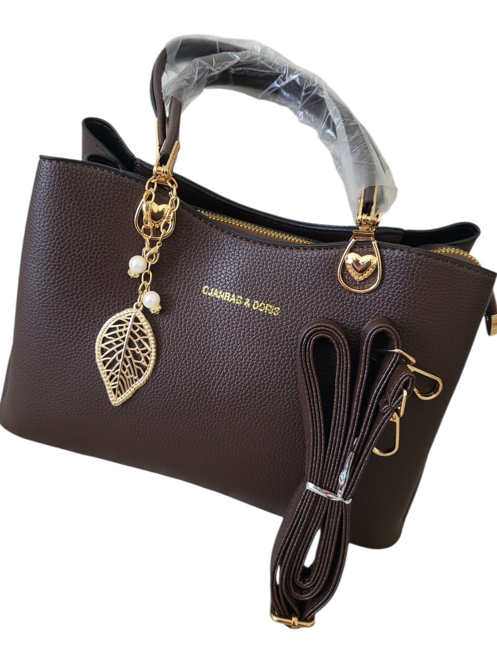 Dark Brown Women's Satchel Handbag with Gold Leaf Charm